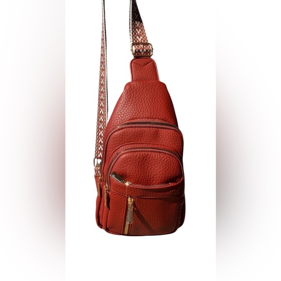 New Red Crossbody Sling Bag With Adjustable Guitar Strap Multiple Zip Pockets - Picture 11 of 12